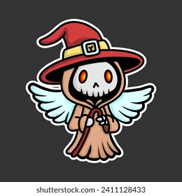 skull sticker wearing grim reaper costume, cartoon style, Chibi Style.