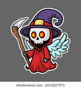 skull sticker wearing grim reaper costume, cartoon style, Chibi Style.