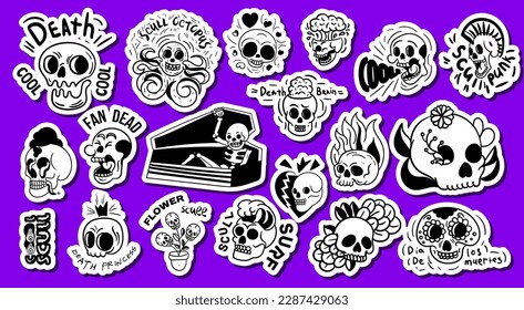 Skull stickers black and white set. Mexican traditional celebration and festival. Collection for Dia de los muertes, dead day. Cartoon flat vector illustrations isolated on violet background