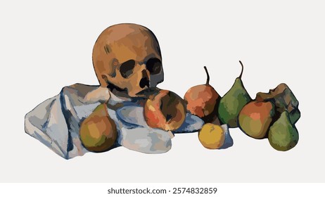 Cezanne’s Skull still life painting, illustration isolated on white, vector. Vintage famous artwork by Cezanne, old art illustration vector.