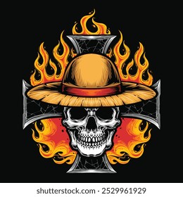 skull with straw hat on cross fire
