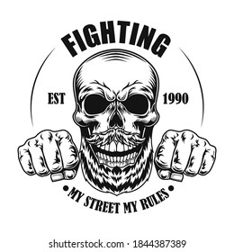 Skull Of Street Fighter Vector Illustration. Head And Fists Of Cartoon Character With Text. Lifestyle Concept For Fight Club Emblem Or Gangsta Tattoo Templates