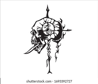 a skull stuck in a sword can be for a sticker


