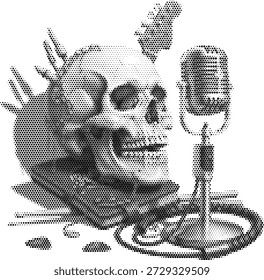 Cráneo con micrófono de estudio para cantante de rock y diseños de música