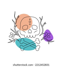 skull in the style of line art with colored spots. vector illustration