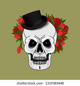 Skull in a stylish hat with flowers. Skull, cylinder-hat, tulip. Bright and catchy. Fashionable print. Hand-drawn. Vector illustration.