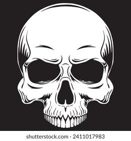 The skull is stylish and without a lower jaw. Ink shard, black and white.