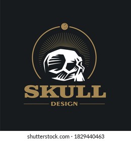 Skull stylized illustration. Human skull in the form of an emblem. Moon.