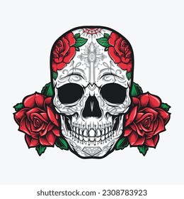 skull sugarskull with red roses
