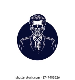Skull in suit  hand drawn line and digital color  vector illustration