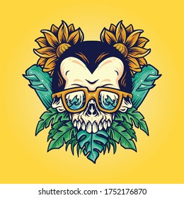 Skull Summer Beach FLowers with Surf Board and sun glass