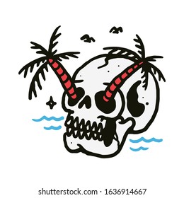 Skull Summer Beach Line Graphic Illustration Vector Art T-shirt Design