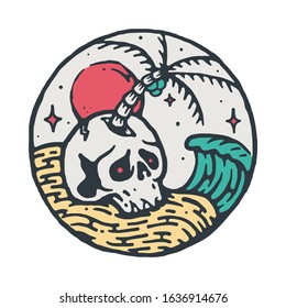 Skull Summer Beach Line Graphic Illustration Vector Art T-shirt Design