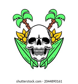 Skull summer beach with surfboard