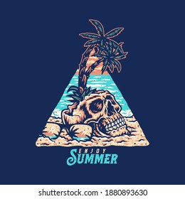 Skull summer beach t shirt graphic design, hand drawn line style with digital color, vector illustration