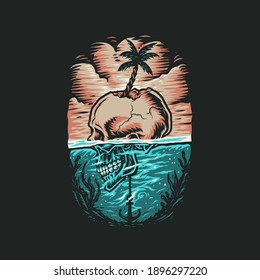 Skull summer beach t shirt graphic design, hand drawn line style with digital color, vector illustration
