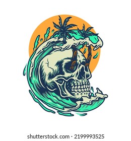 Skull summer beach t shirt graphic design, hand drawn line style with digital color, vector illustration
