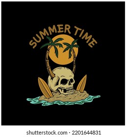 Skull summer beach t shirt graphic design, hand drawn line style with digital color, vector illustration