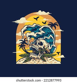 Skull summer beach t shirt graphic design, hand drawn line style with digital color, vector illustration