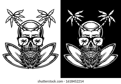 Skull summer beach t-shirt graphic design, isolated on dark and bright background