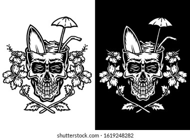 Skull summer beach t-shirt graphic design, isolated on dark and bright background