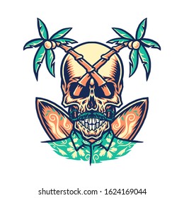 Skull summer beach t-shirt graphic design, hand drawn line with digital color, vector illustration
