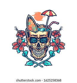 Skull summer beach t-shirt graphic design, hand drawn line with digital color, vector illustration
