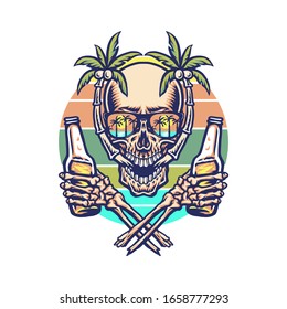 Skull summer beach t-shirt graphic design, hand drawn line with digital color, vector illustration