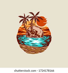 Skull summer beach t-shirt graphic design, hand drawn line with digital color, vector illustration