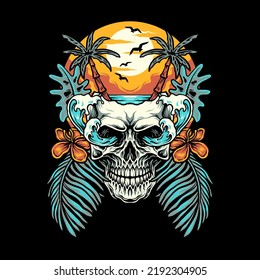 Skull summer beach t-shirt graphic design, hand drawn line with digital color, vector illustration