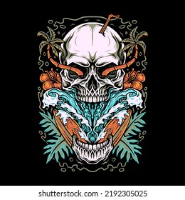 Skull summer beach t-shirt graphic design, hand drawn line with digital color, vector illustration