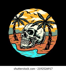 Skull summer beach t-shirt graphic design, hand drawn line with digital color, vector illustration