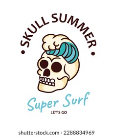 Skull summer concept. Skeleton head with wave next to text. Super surf inscription. Template, layout and mock up. Halloween and Dia de los Muertos. Cartoon flat vector illustration