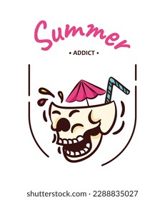 Skull summer concept. Skeleton head with with umbrella and straw. Tropical or exotic cocktail, cold drink. Sticker for social networks and messengers. Cartoon flat vector illustration