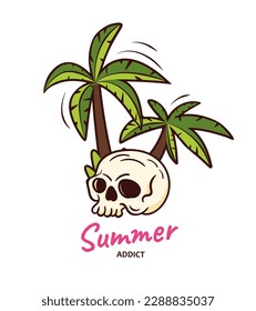 Skull summer concept. Skeleton head near palms. Pirate, Mexican day of dead. Tropical and exotic countries. Vacation, adventure and travel. Cartoon flat vector illustration