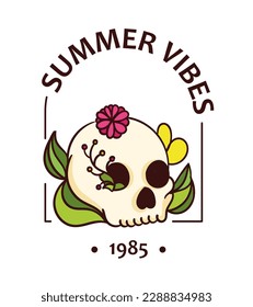 Skull summer vibes concept. Skeleton head with flower and plants. Dia de los muertos. Traditional Mexican holiday and festival. Poster or banner for website. Cartoon flat vector illustration