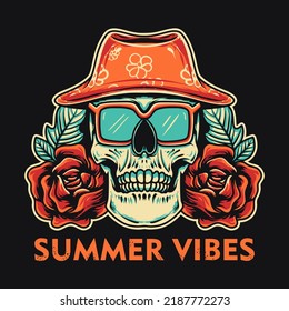 Skull Summer Vibes Retro Vector Illustration