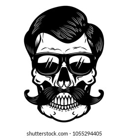 Skull in sun glasses. Design element for poster, t shirt, card. Vector illustration