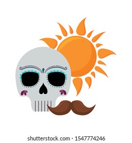 skull with sun and moustache mexican isolated icon vector illustration design