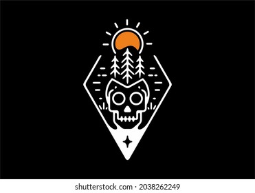 Skull and sun with pine trees line art design