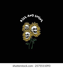 Skull with sunflower illustration design hand drawn, design element for sticker, t shirt, poster