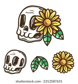 skull and sunflower illustration.editable design elements.white background