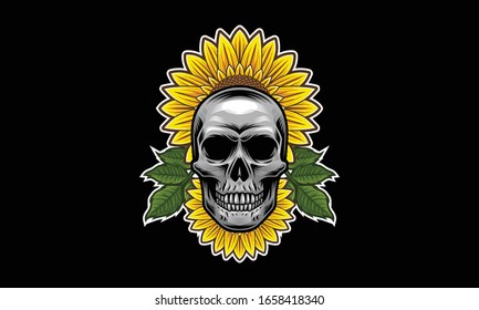 Skull with sunflower and leaves vector illustration isolated on black background
