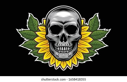 Skull with sunflower and leaves vector illustration isolated on black background