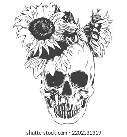 Skull with sunflowers black and white illustration. T-shirt print. Halloween design. 