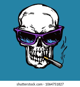 Skull in sunglass smoking the cigarette ink sketch hand drawn stock vector illustration