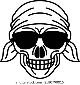 A skull with sunglasses and a bandana on its head. The skull has a smile on its face