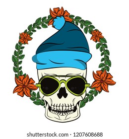 Skull with sunglasses and beanie hat