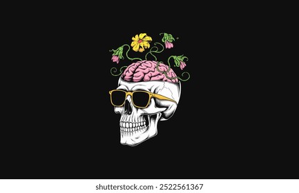Skull with sunglasses, exposed brain, and flowers growing outward.