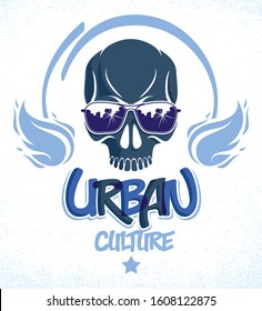 Skull in sunglasses and hat, urban theme vector logo or emblem, gangster or thug illustration, anarchy chaos hooligan, ghetto theme.